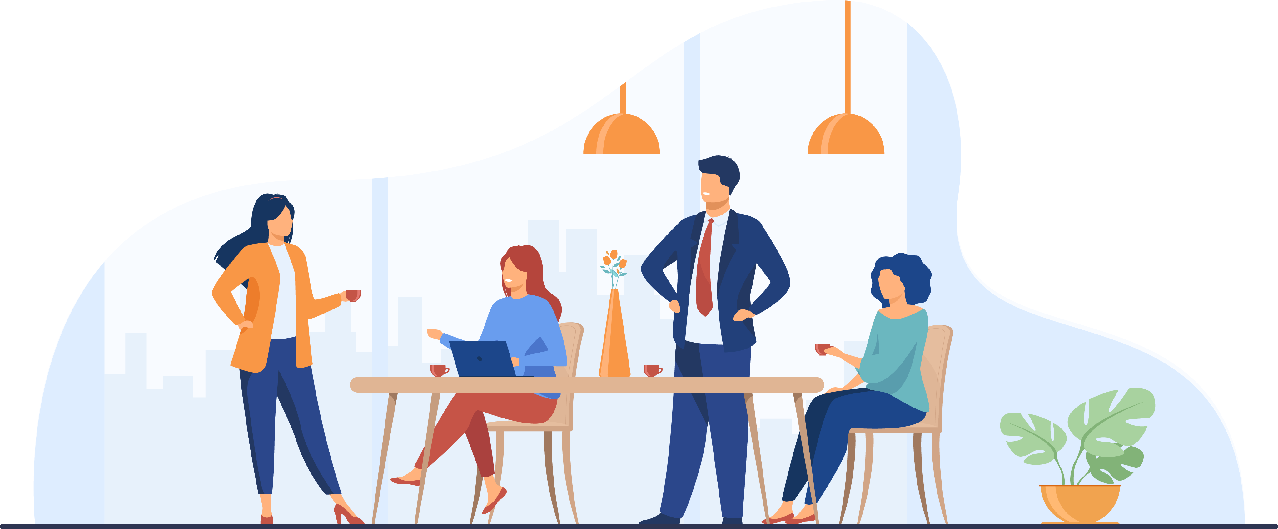 Illustration of a team in a meeting, with a man in a suit standing and three others sitting around a table, having coffee and discussing.